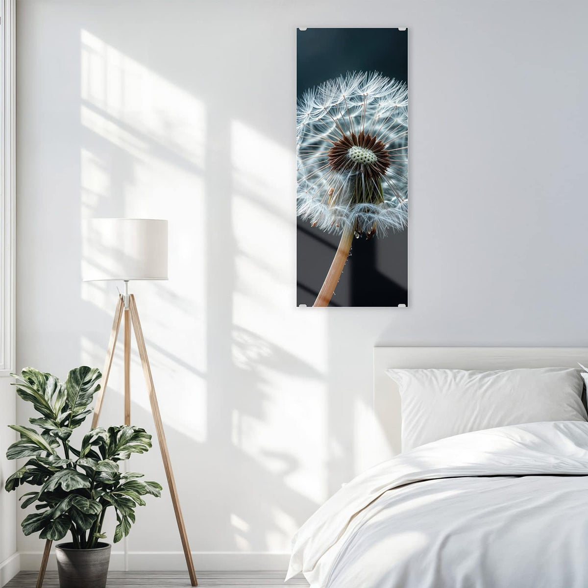 Glasbild Fliegende Pusteblume an der Wand – Eine große Pusteblume vor fast schwarzem Grund, drei Samen fliegen nach rechts weg