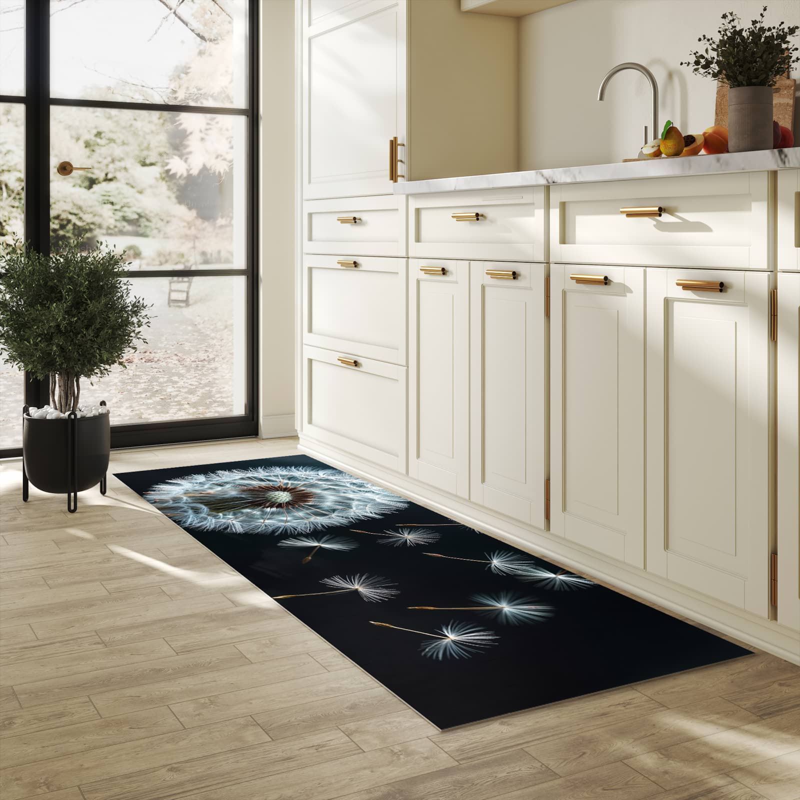 Pflegeleichter moderner Küchenläufer mit Motiv Pusteblume bei Wind in heller Küche