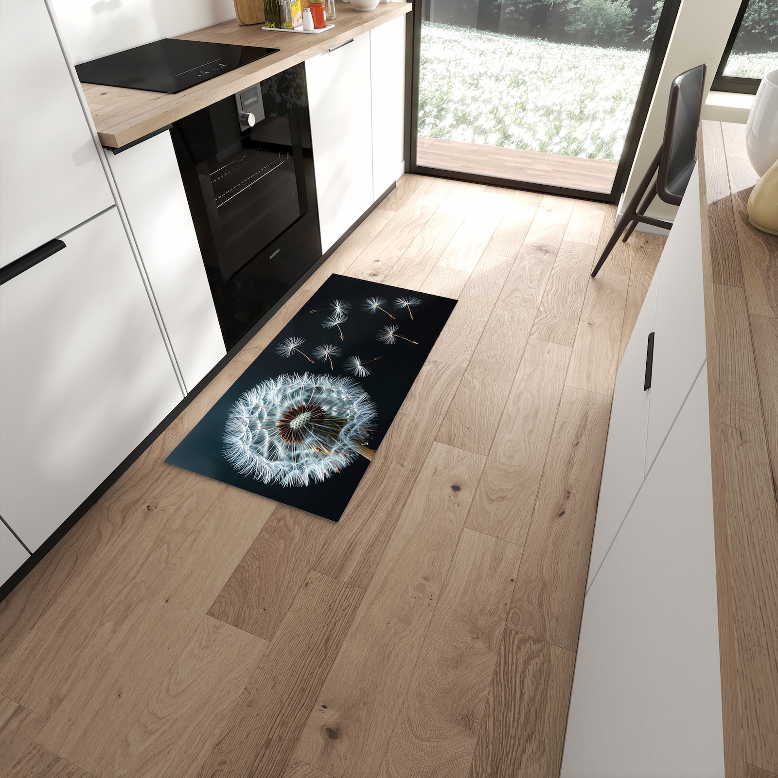 Bodenschonender langer Teppich mit Motiv Pusteblume bei Wind in moderner Küche #grösse_60 x 120 cm