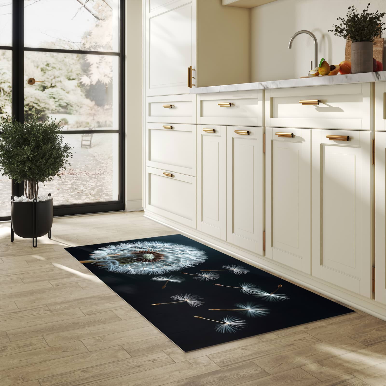 Pflegeleichter moderner Küchenläufer mit Motiv Pusteblume bei Wind in heller Küche