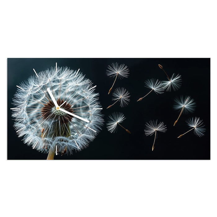 Wanduhr Pusteblume bei Wind aus Glas – Querformat 60 × 30 cm mit Ziffernblatt Linie