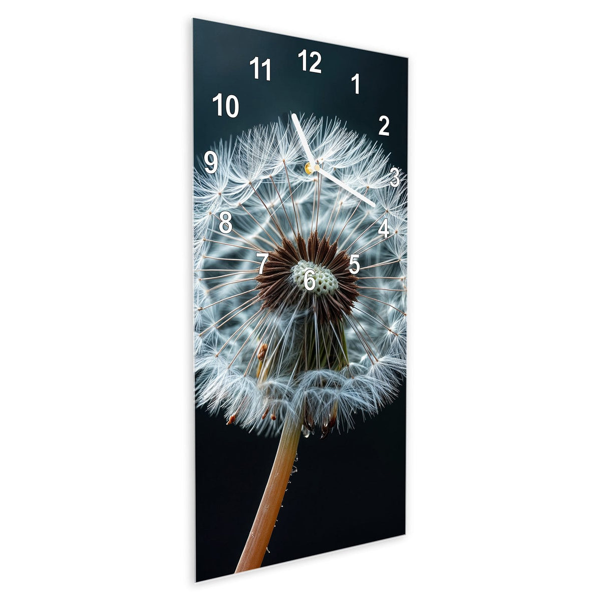Wanduhr aus Glas im Hochformat Fliegende Pusteblume schräg von der Seite, 4 mm starkes Glas
