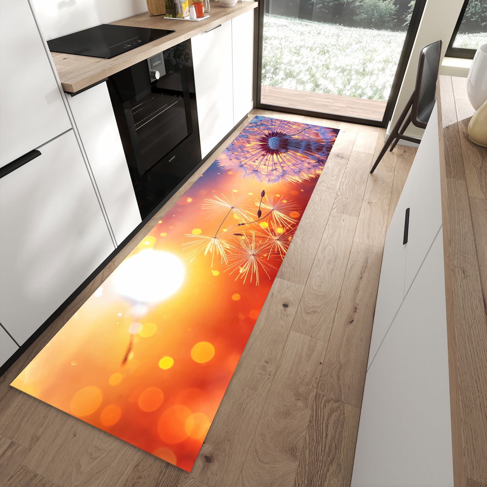 Waschbarer Küchenläufer mit Motiv Pusteblume Sonnenuntergang in moderner Küche