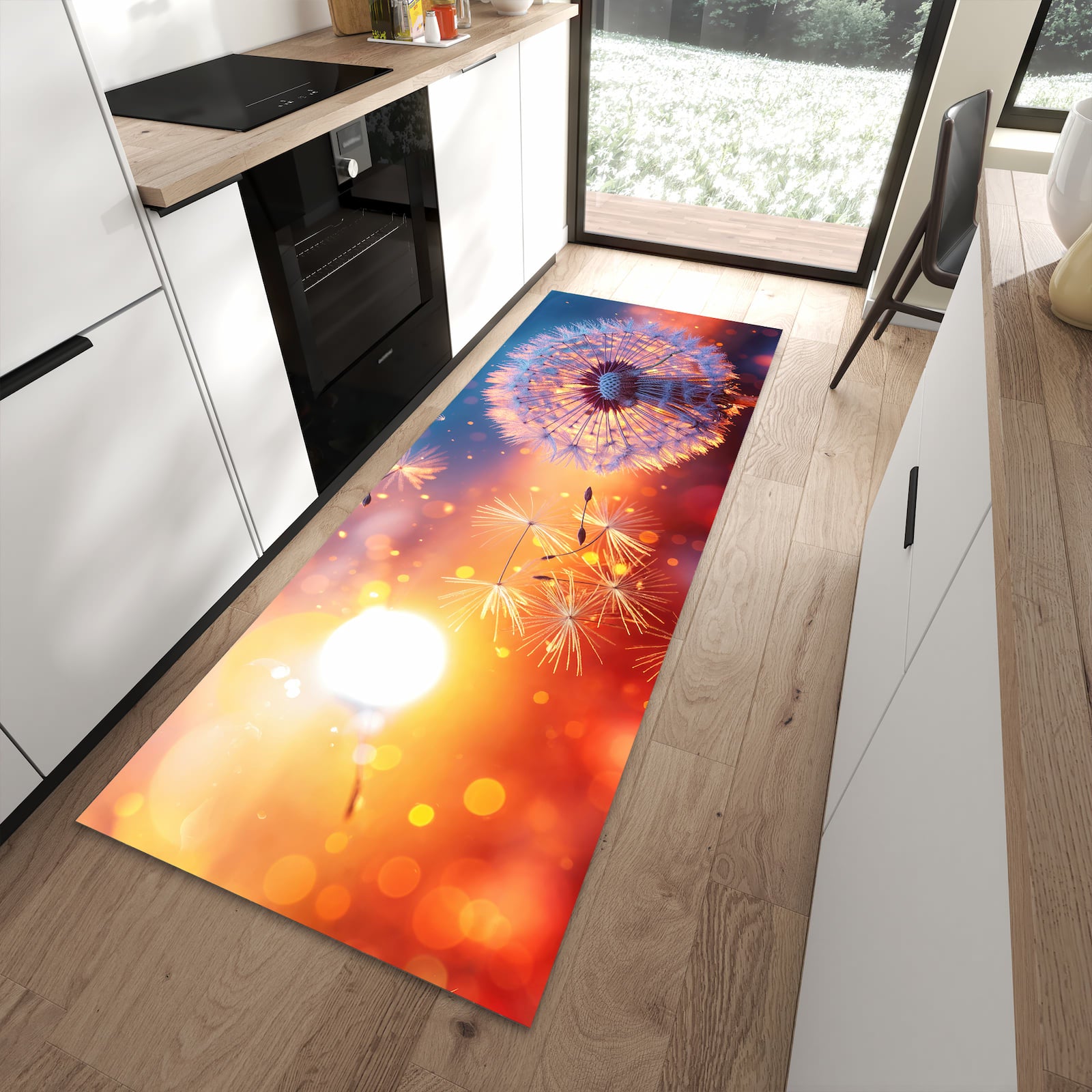 Feuchtigkeitsresistenter waschbarer Küchenläufer mit Motiv Pusteblume Sonnenuntergang in moderner Küche