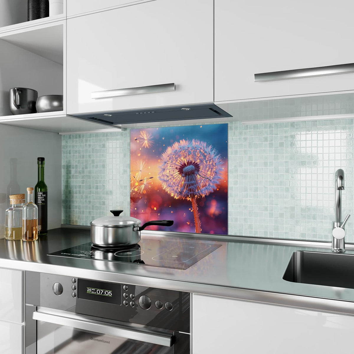 Küchenrückwand aus Glas Pusteblume im Abendlicht im quadratischen Format als Spritzschutz hinter dem Kochfeld, über dem Fliesenspiegel montiert