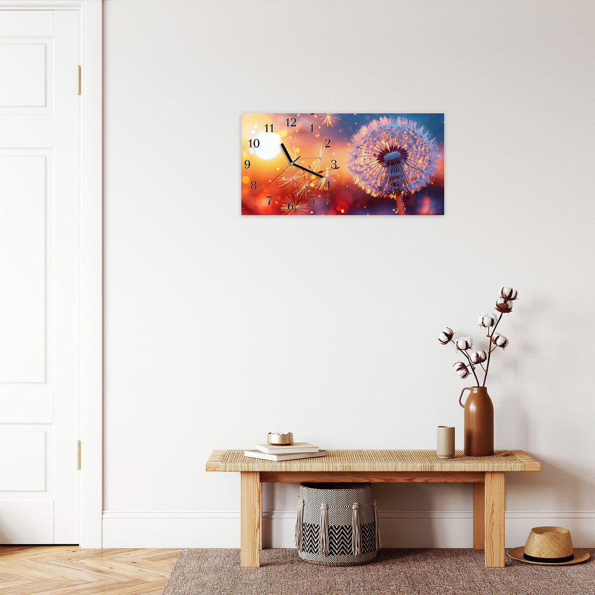 Moderne Wanduhr aus Glas mit Farbtiefe – Wanduhr Pusteblume Sonnenuntergang aus Glas – Querformat 60 × 30 cm