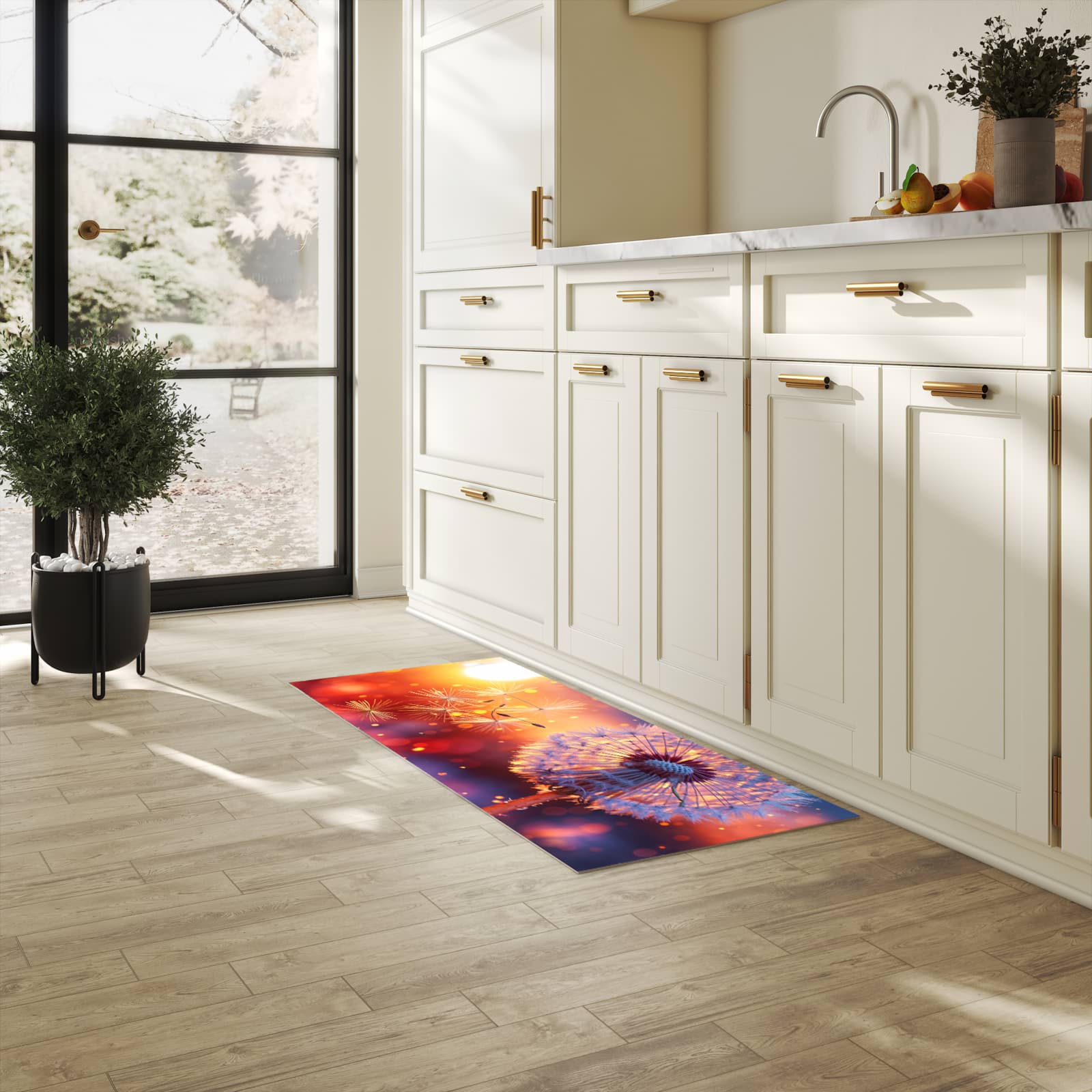 Langlebiger Bodenläufer mit Motiv Pusteblume Sonnenuntergang in heller Küche