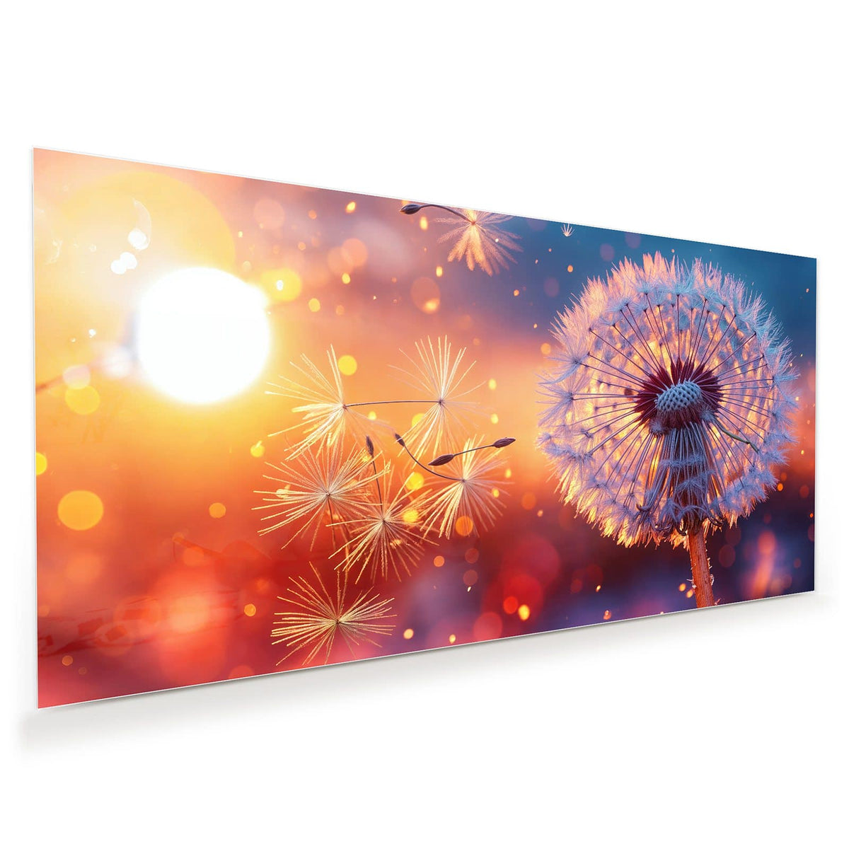 Pusteblume im warmen Gegenlicht vor blau-orange-violettem Bokeh, einzelne Samen schweben weg.