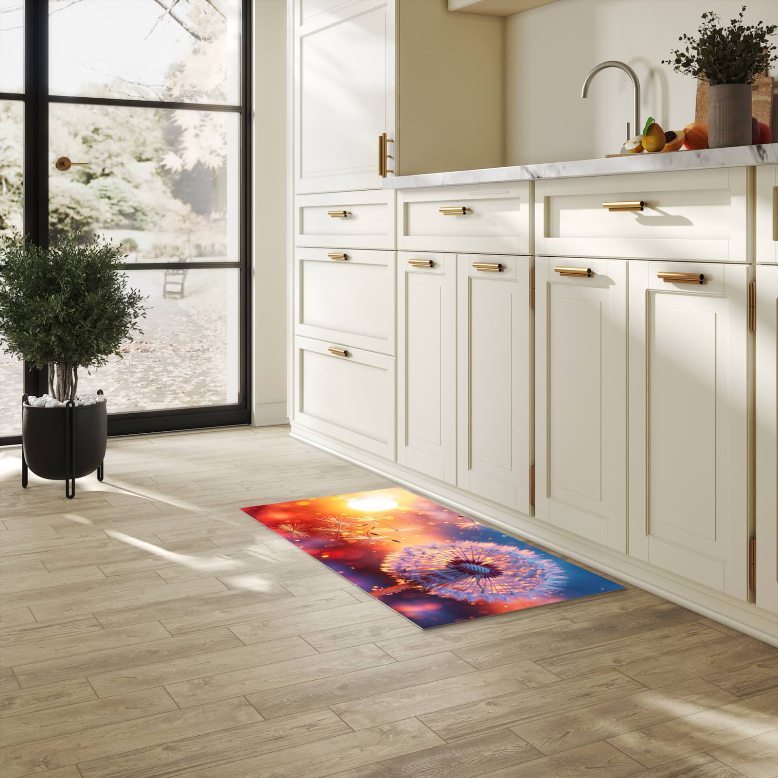 Waschbarer rutschfester Küchenteppich mit Motiv Pusteblume Sonnenuntergang in heller Küche