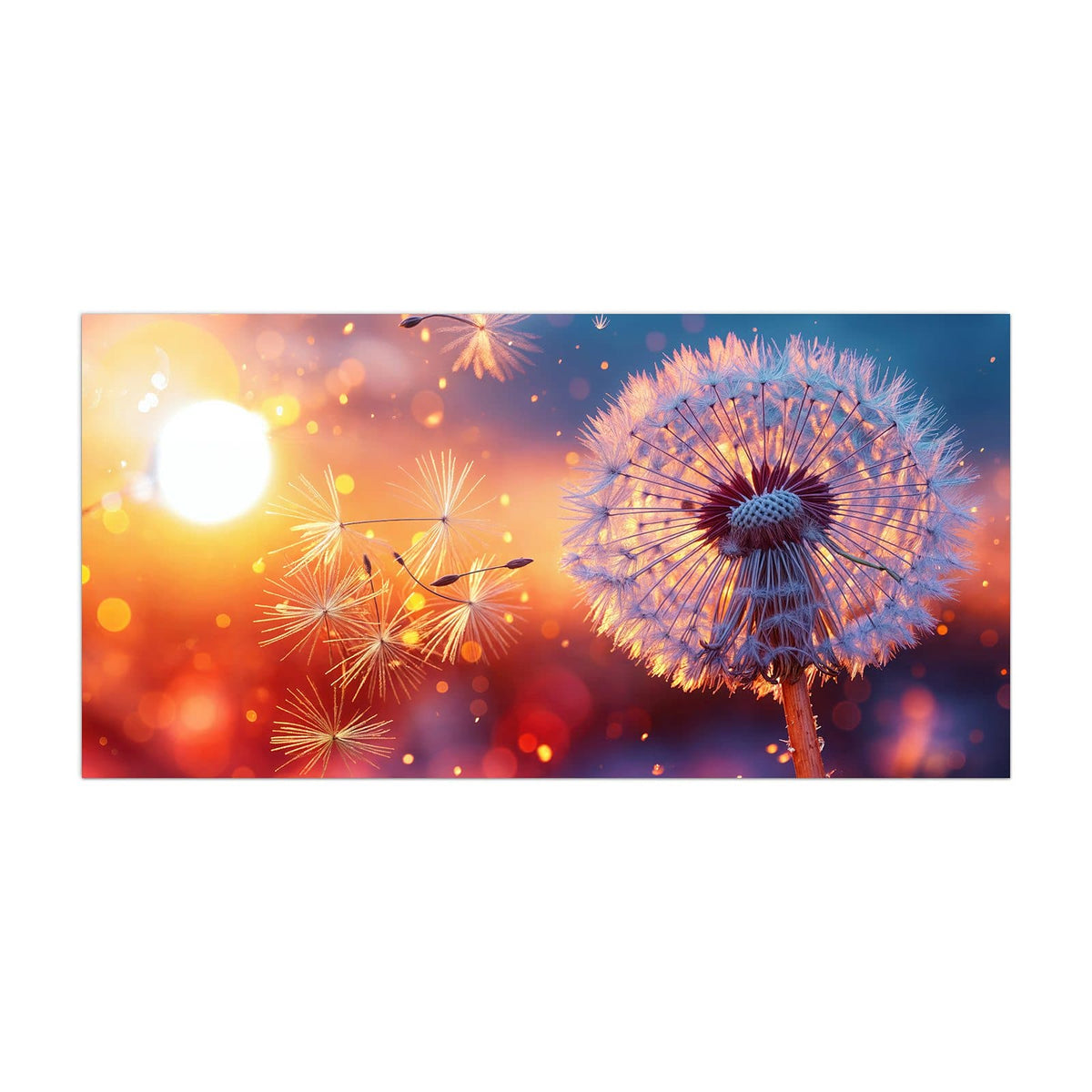 Küchenrückwand aus Glas Pusteblume im Abendlicht im Hochformat, Motiv bildfüllend von vorn