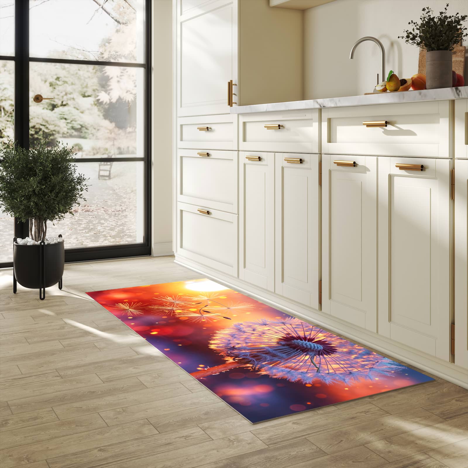 Farbbeständiger Küchenteppich mit Motiv Pusteblume Sonnenuntergang in heller Küche