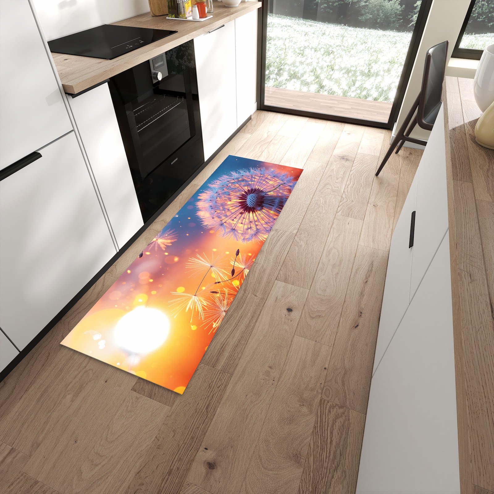 Pflegeleichter Läufer für die Küche mit Motiv Pusteblume Sonnenuntergang in moderner Küche