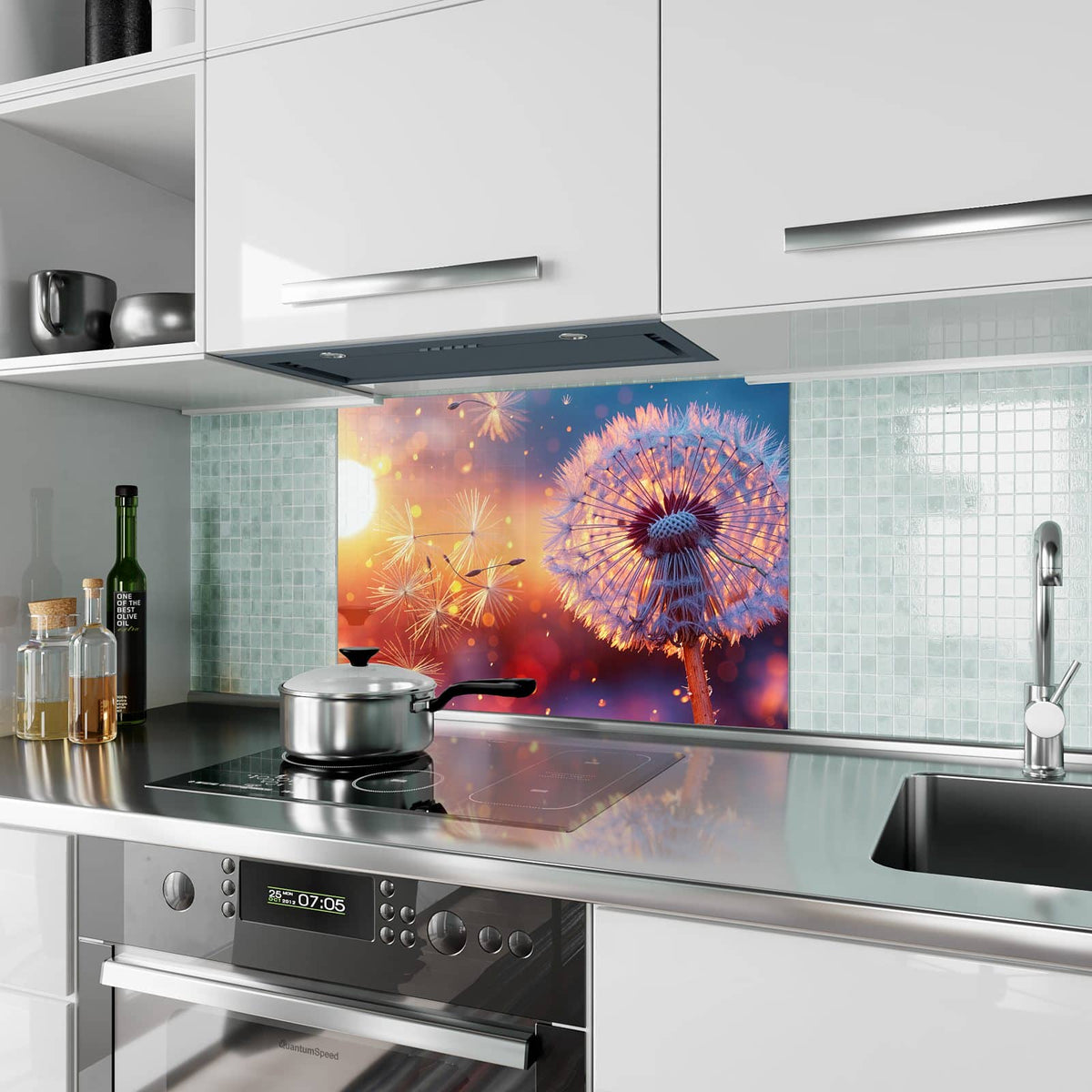 Küchenrückwand aus Glas Pusteblume im Abendlicht im Hochformat als Spritzschutz hinter dem Kochfeld, über dem Fliesenspiegel montiert
