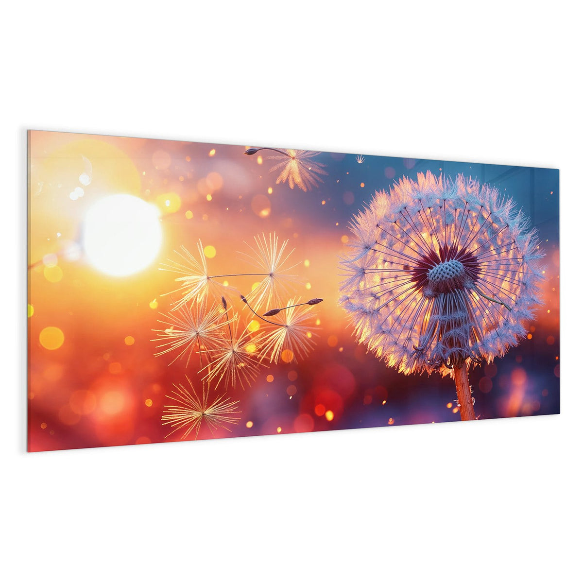 Pusteblume im warmen Gegenlicht vor blau-orange-violettem Bokeh, einzelne Samen schweben weg.