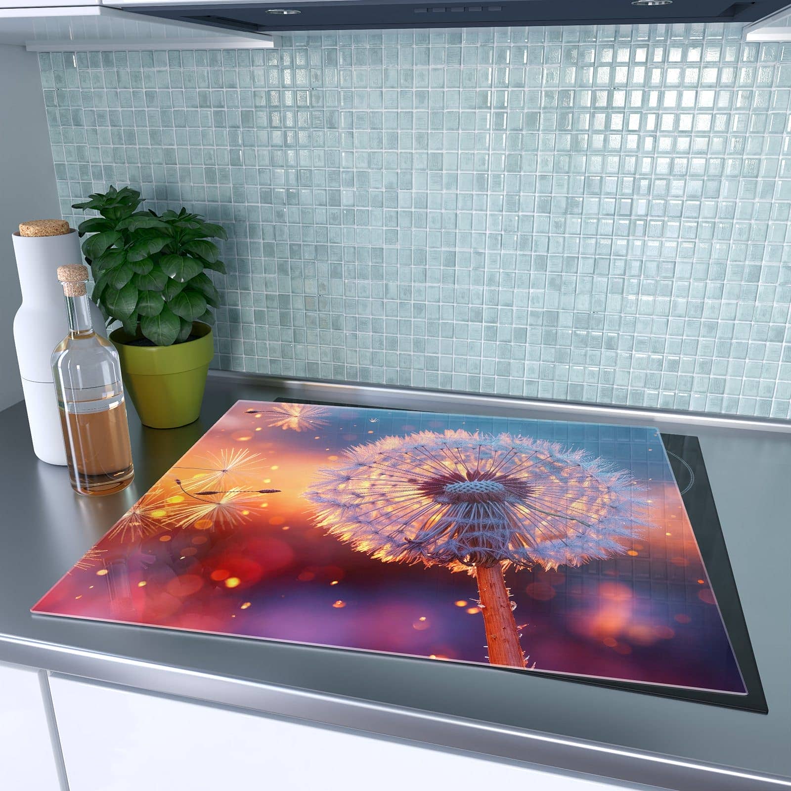 1-teilige Herd Schutzplatte mit Pusteblume Sonnenuntergang-Motiv auf dem Ceranfeld