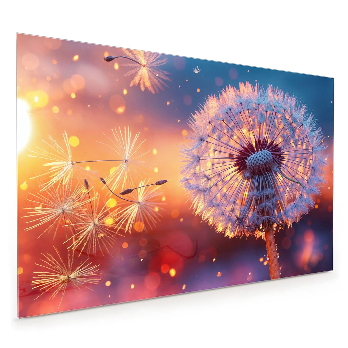 Küchenrückwand aus Glas im Hochformat mit Motiv Pusteblume im Abendlicht: Pusteblume im warmen Gegenlicht vor blau-orange-violettem Bokeh