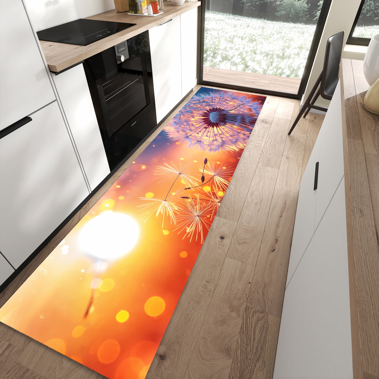 Langlebiger Küchenläufer mit Motiv Pusteblume Sonnenuntergang in moderner Küche