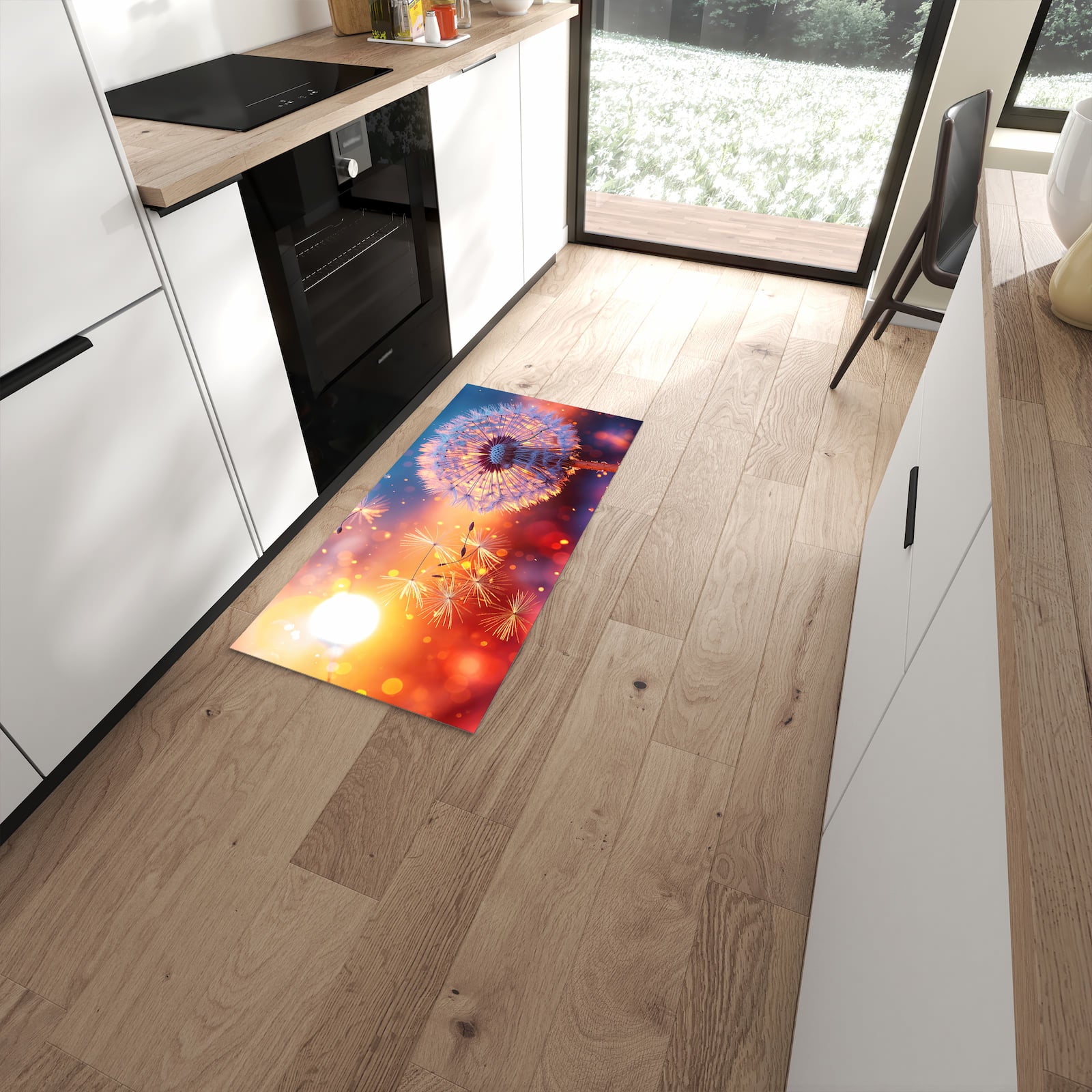 Langlebiger Küchenteppich mit Motiv Pusteblume Sonnenuntergang in moderner Küche #grösse_60 x 120 cm