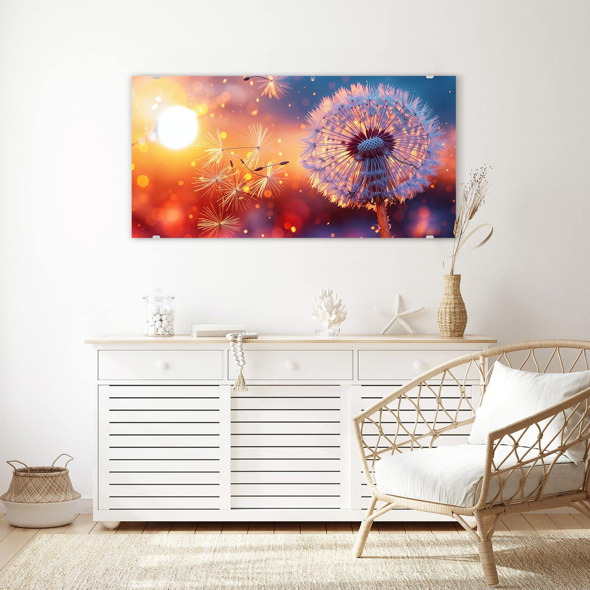 Echtglas, 4 mm – kein Acryl, keine Folie – Wandbild - Pusteblume im Abendlicht - Querformat