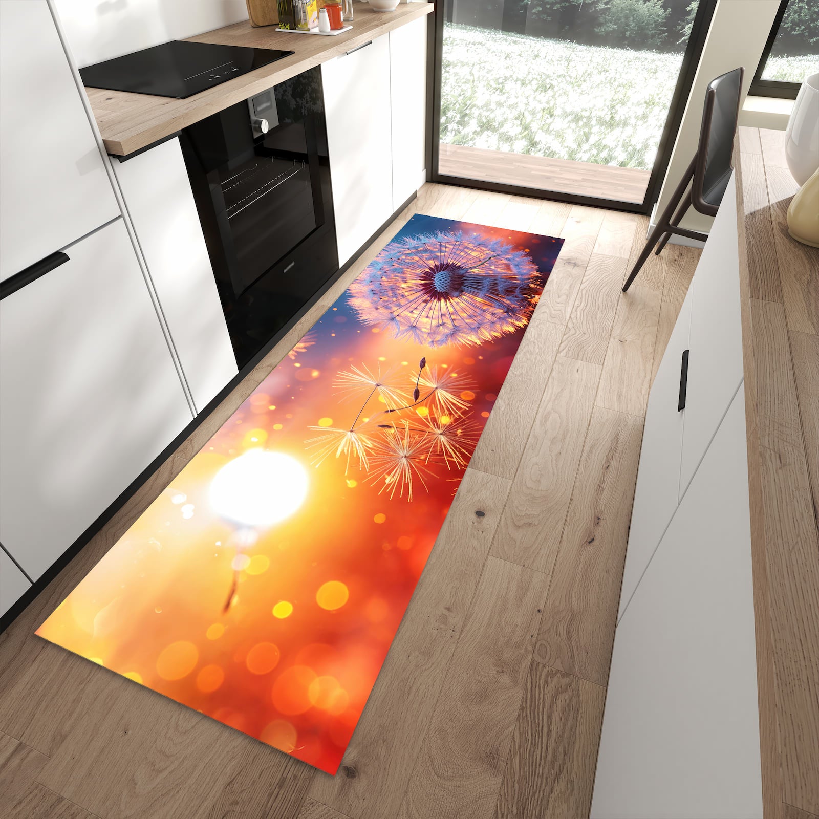 Strapazierfähiger Küchenläufer mit Motiv Pusteblume Sonnenuntergang in moderner Küche