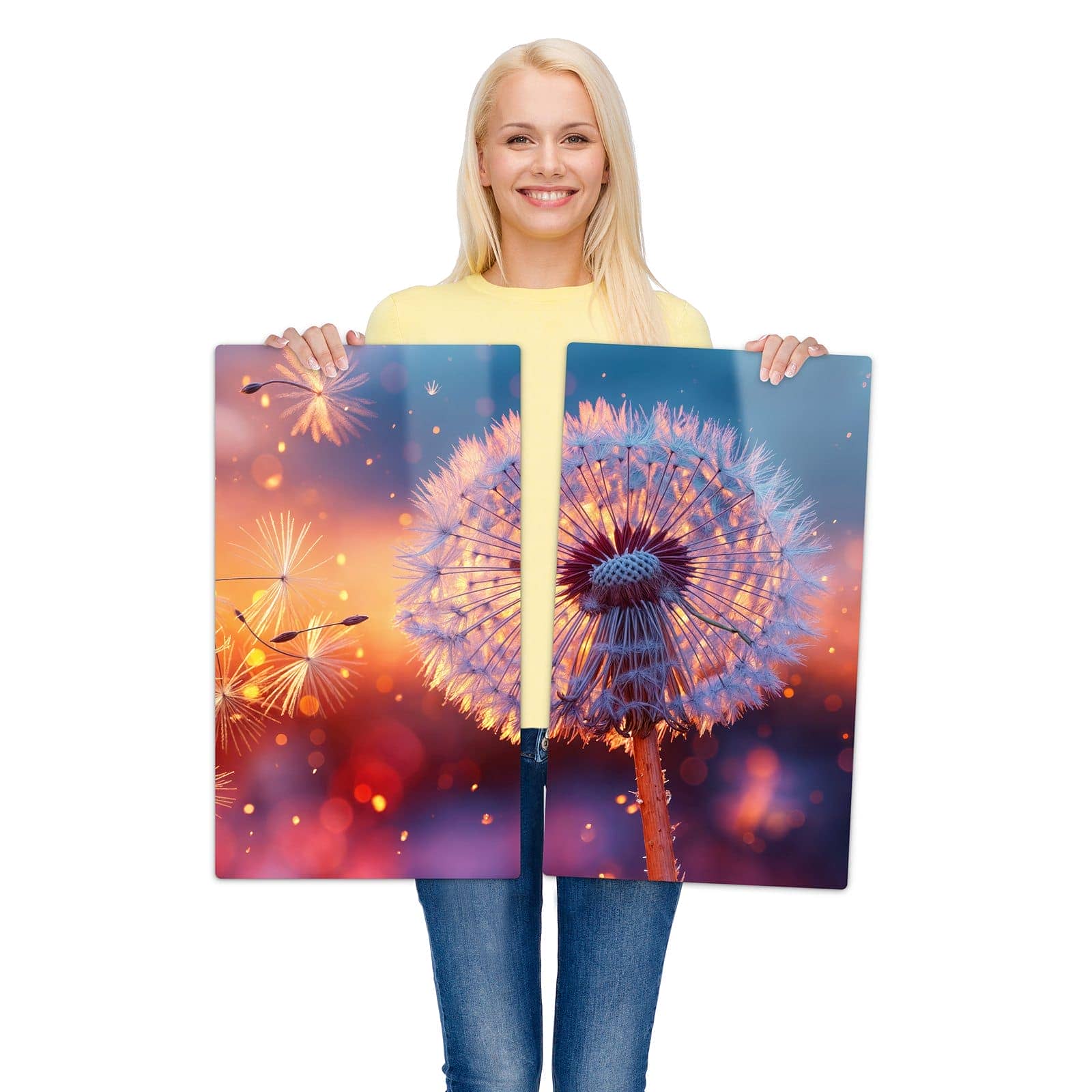 2-teilige Herdabdeckplatte mit Pusteblume Sonnenuntergang-Motiv wird zur Größendarstellung gehalten