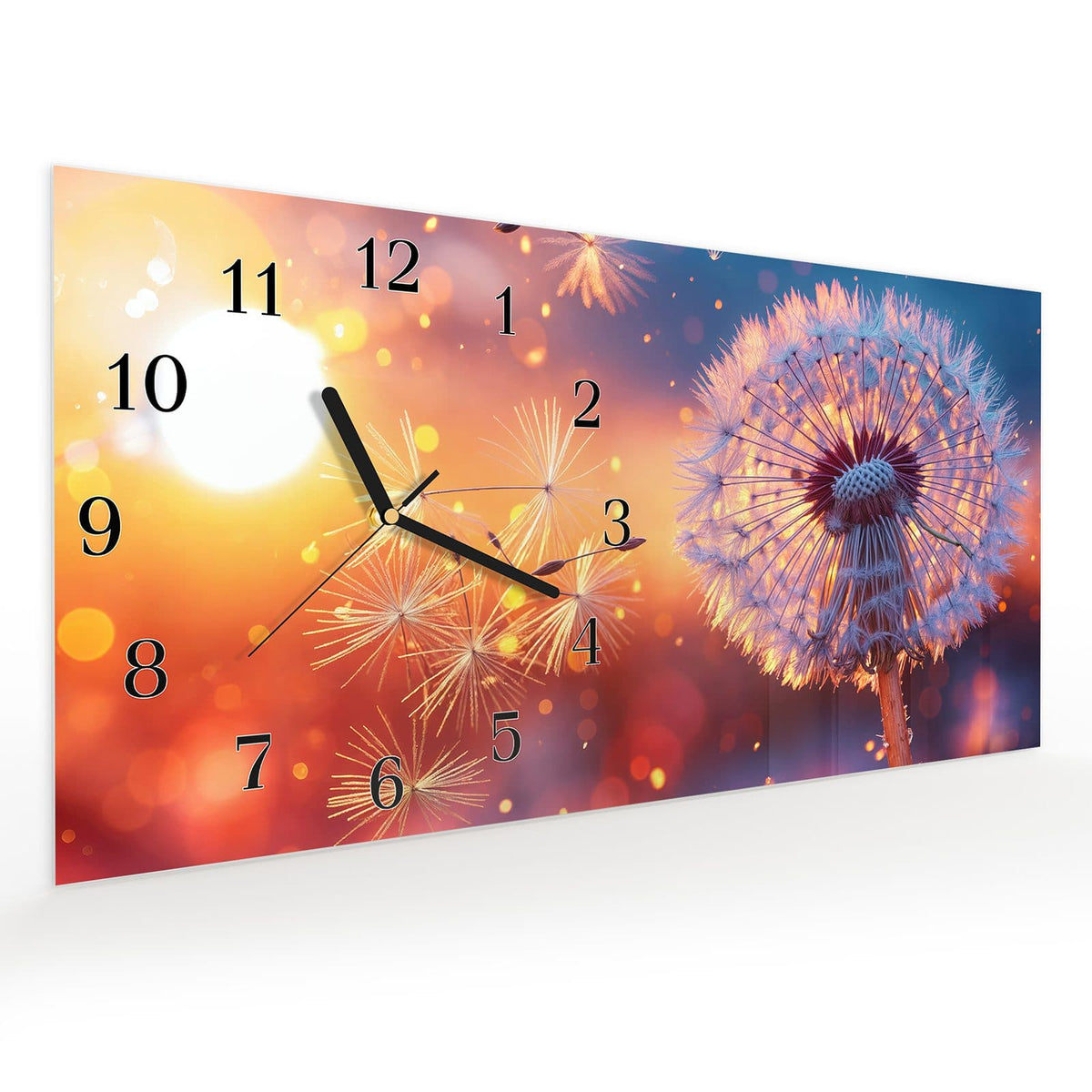 Vormontiert – mit Schwebeeffekt – Wanduhr Pusteblume Sonnenuntergang aus Glas – Querformat 60 × 30 cm