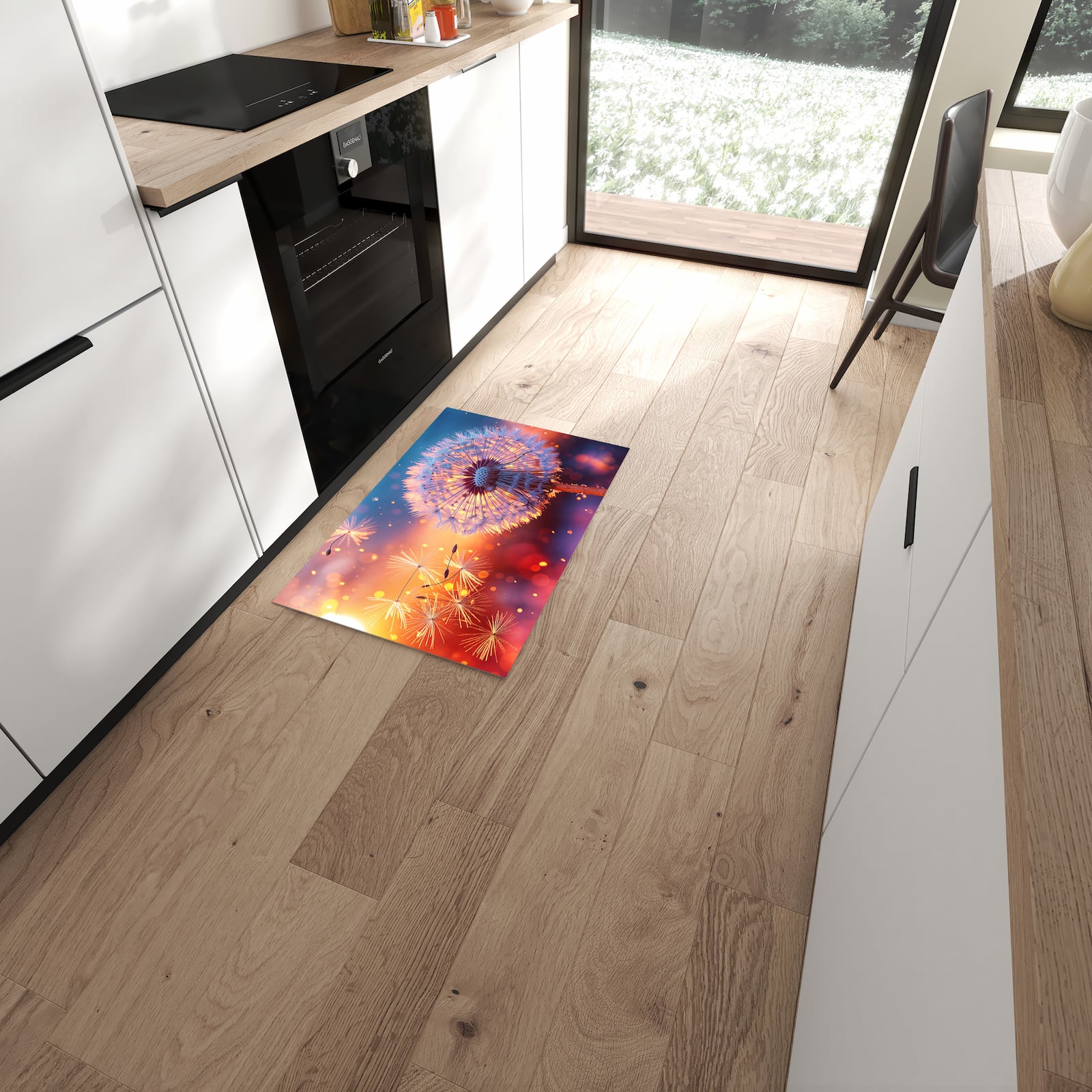 Küchenvorleger mit Motiv Pusteblume Sonnenuntergang für angenehme Haptik in moderner Küche