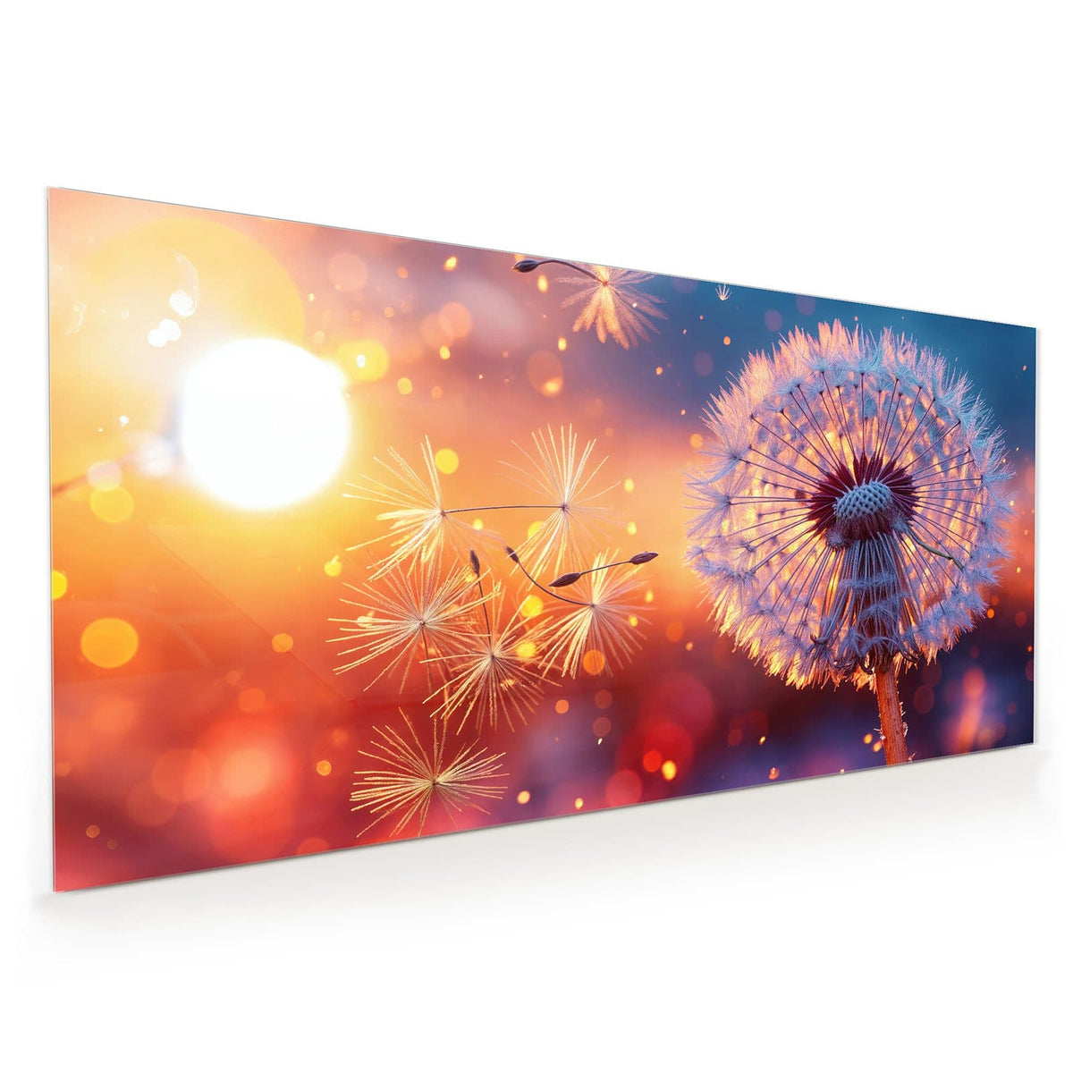 Pusteblume im warmen Gegenlicht vor blau-orange-violettem Bokeh, einzelne Samen schweben weg.