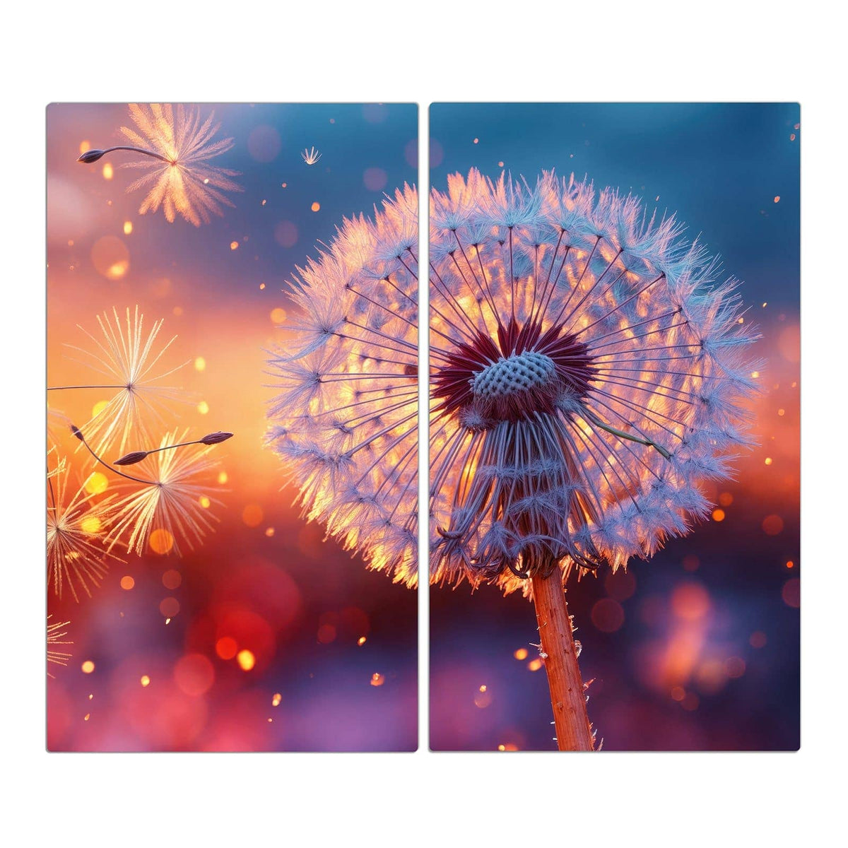 Pusteblume im warmen Gegenlicht vor blau-orange-violettem Bokeh, einzelne Samen schweben weg.