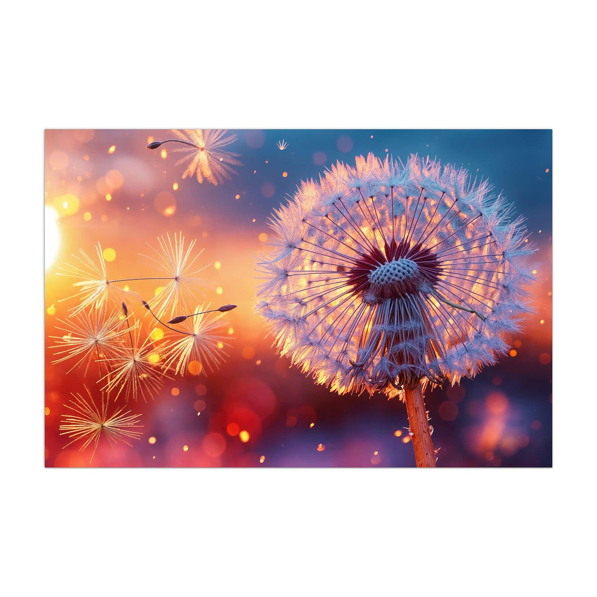 Küchenrückwand aus Glas Pusteblume im Abendlicht im Hochformat, Motiv bildfüllend von vorn