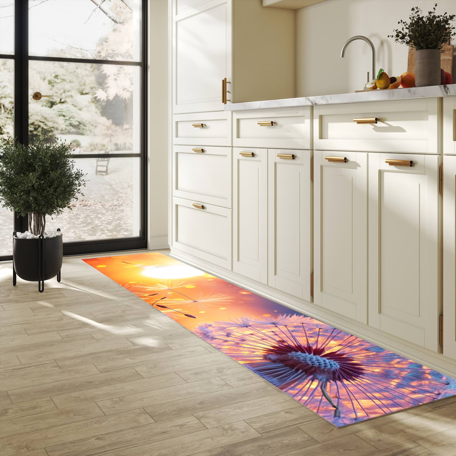 Küchenteppich mit Motiv Pusteblume Sonnenuntergang für Ordnung & Übersicht in heller Küche