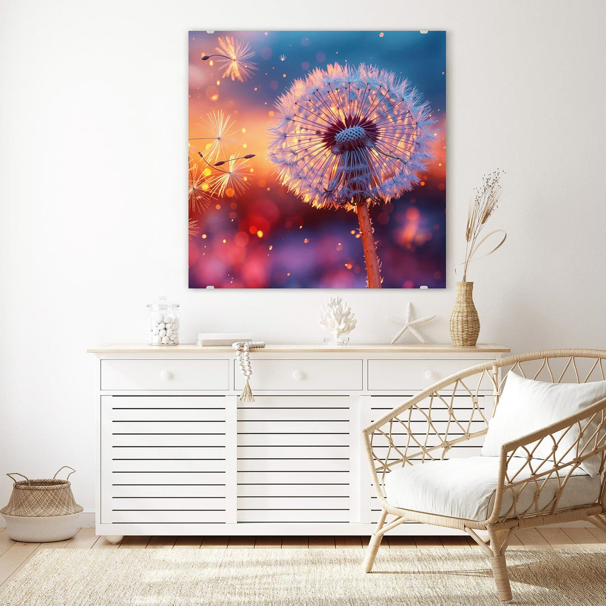Echtglas, 4 mm – kein Acryl, keine Folie – Wandbild - Pusteblume im Abendlicht - Quadratisch