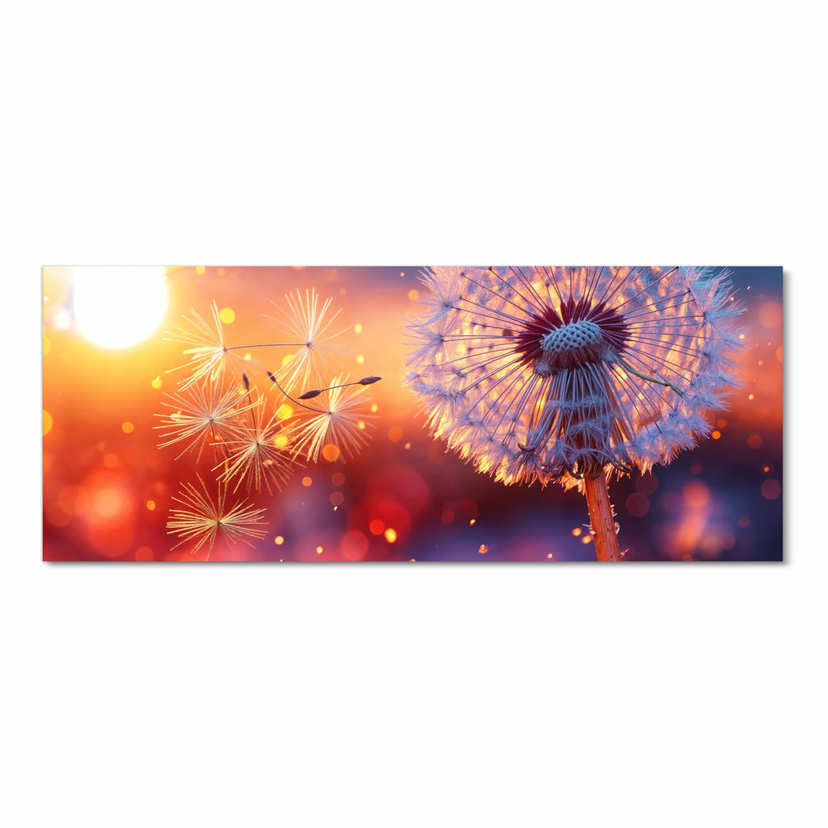Pusteblume im warmen Gegenlicht vor blau-orange-violettem Bokeh, einzelne Samen schweben weg.