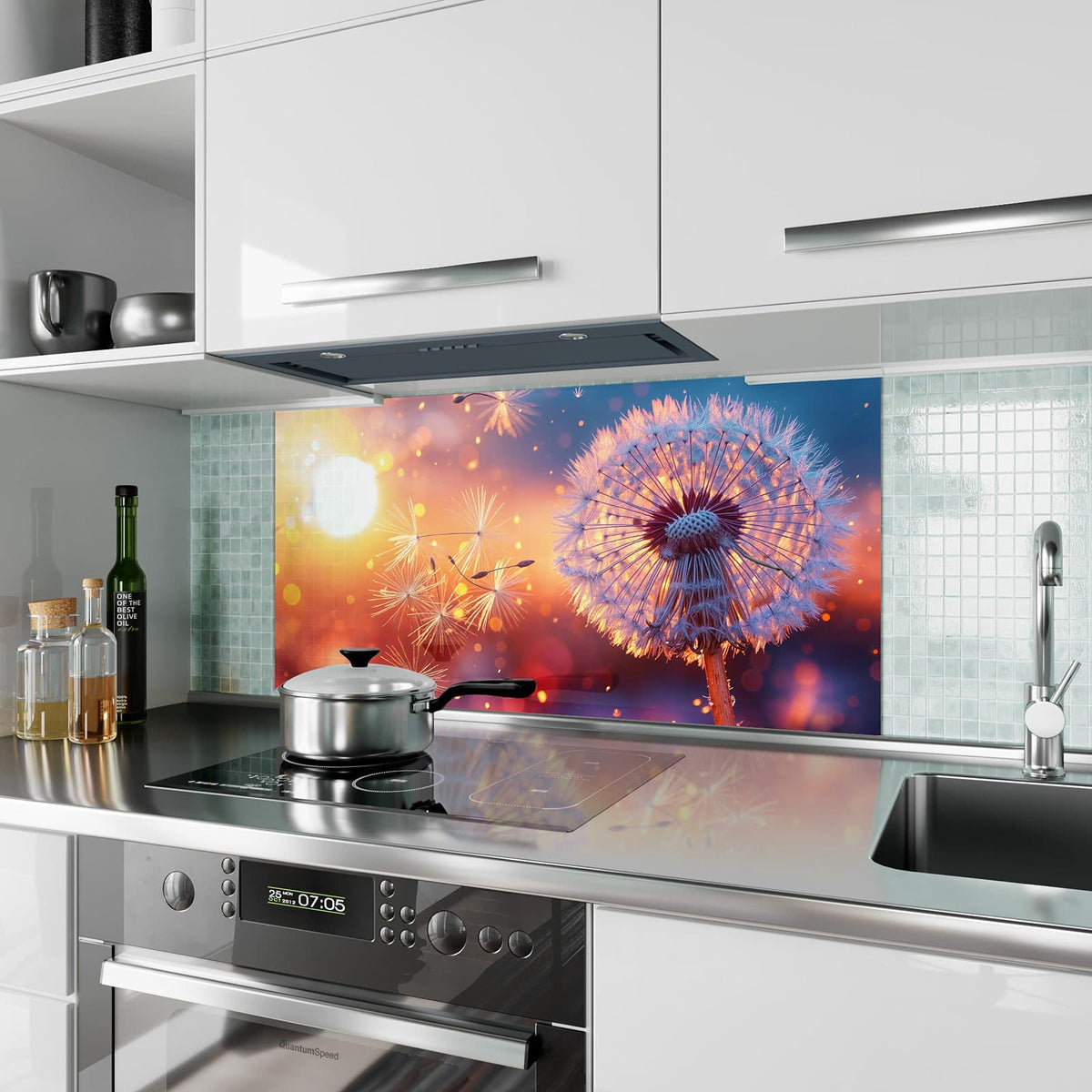 Küchenrückwand aus Glas Pusteblume im Abendlicht im Hochformat als Spritzschutz hinter dem Kochfeld, über dem Fliesenspiegel montiert