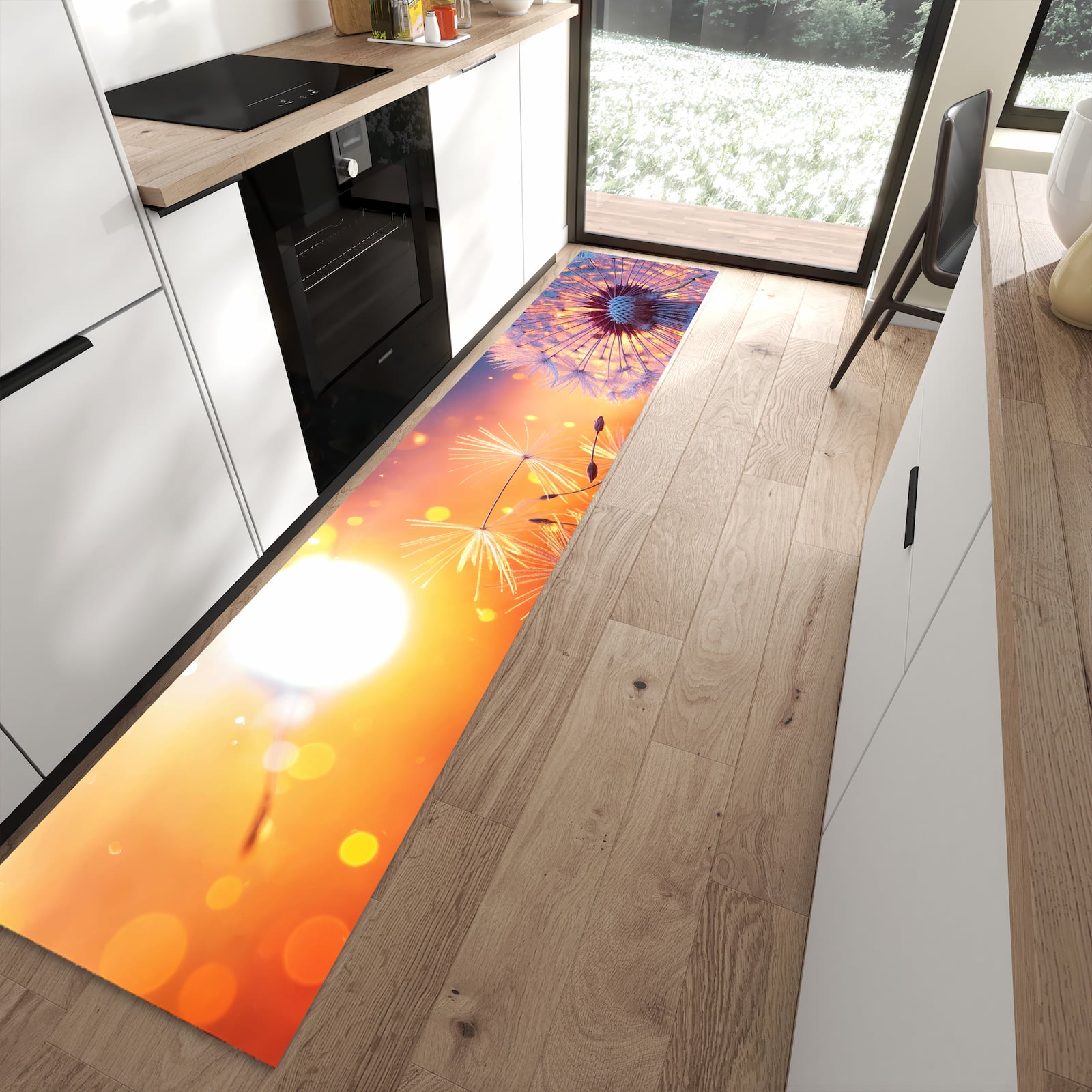 Pflegeleichter Küchenläufer mit Motiv Pusteblume Sonnenuntergang in moderner Küche