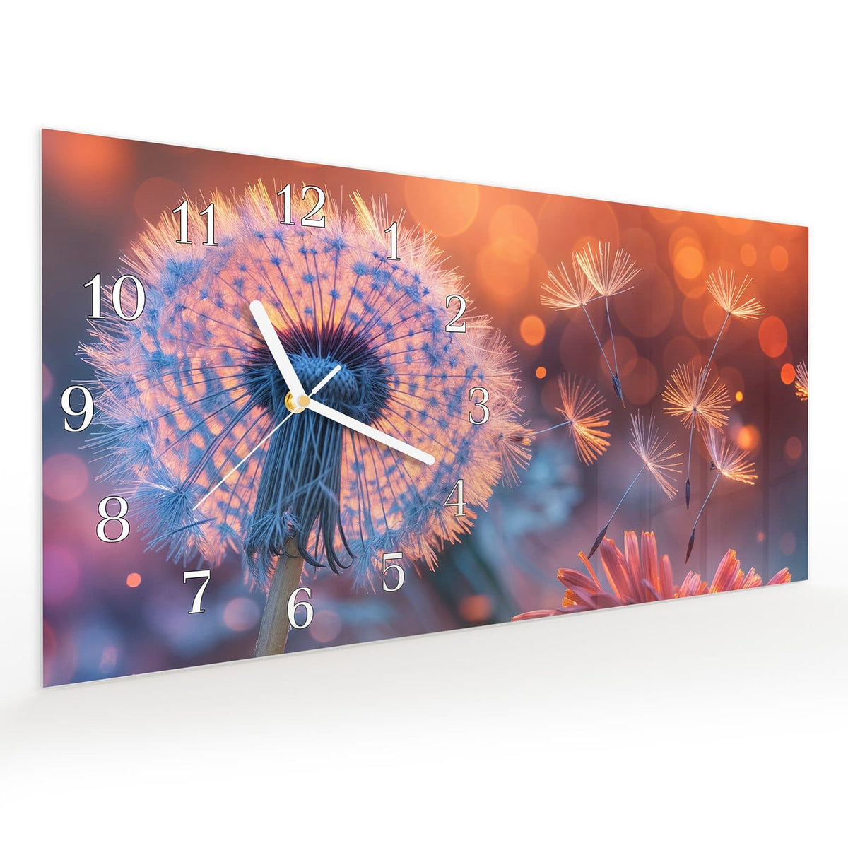 Vormontiert – mit Schwebeeffekt – Wanduhr Glühende Pusteblume aus Glas – Querformat 60 × 30 cm