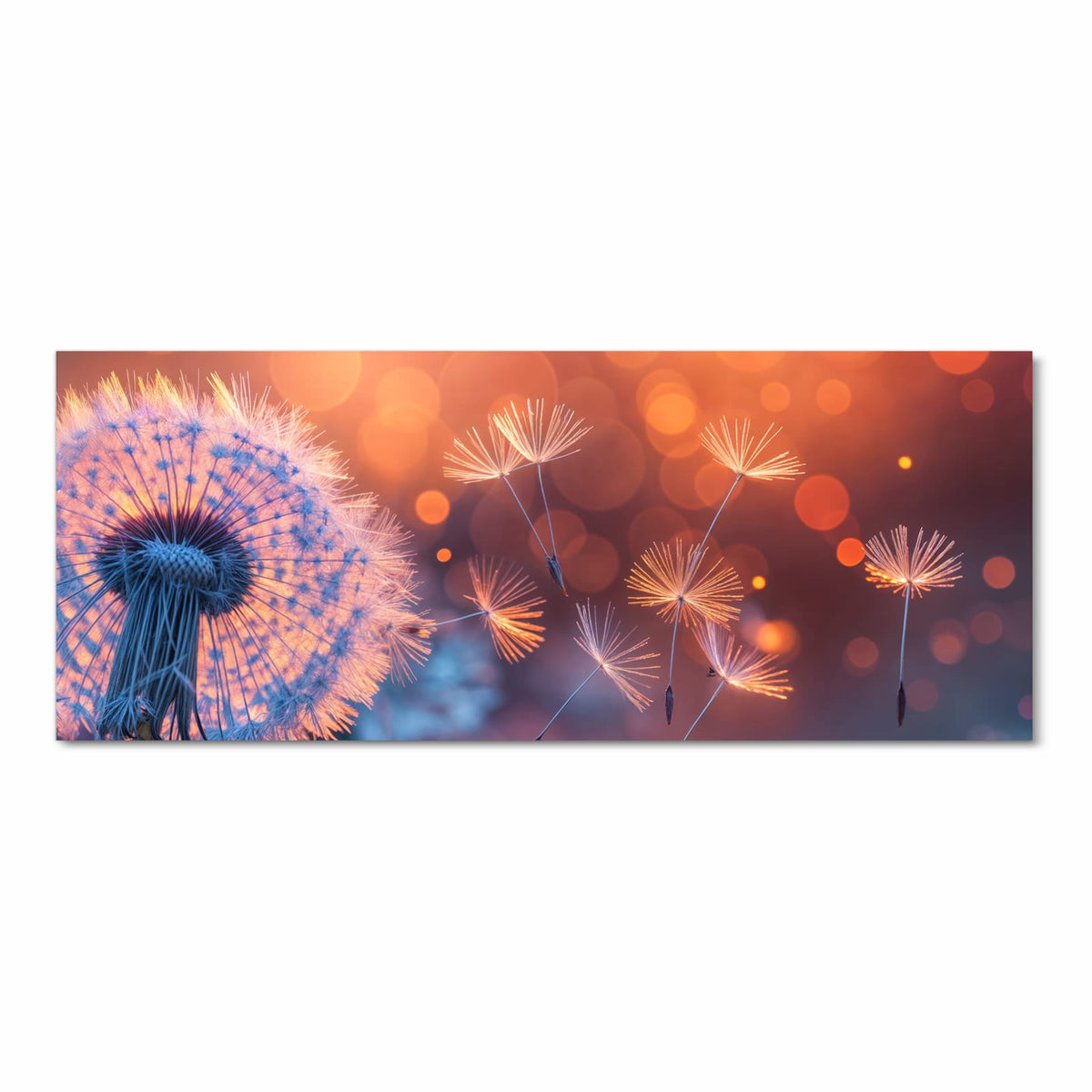 Pusteblume im Gegenlicht, davonfliegende Samen leuchten orange vor warmem Bokeh, rechts eine rote Blüte