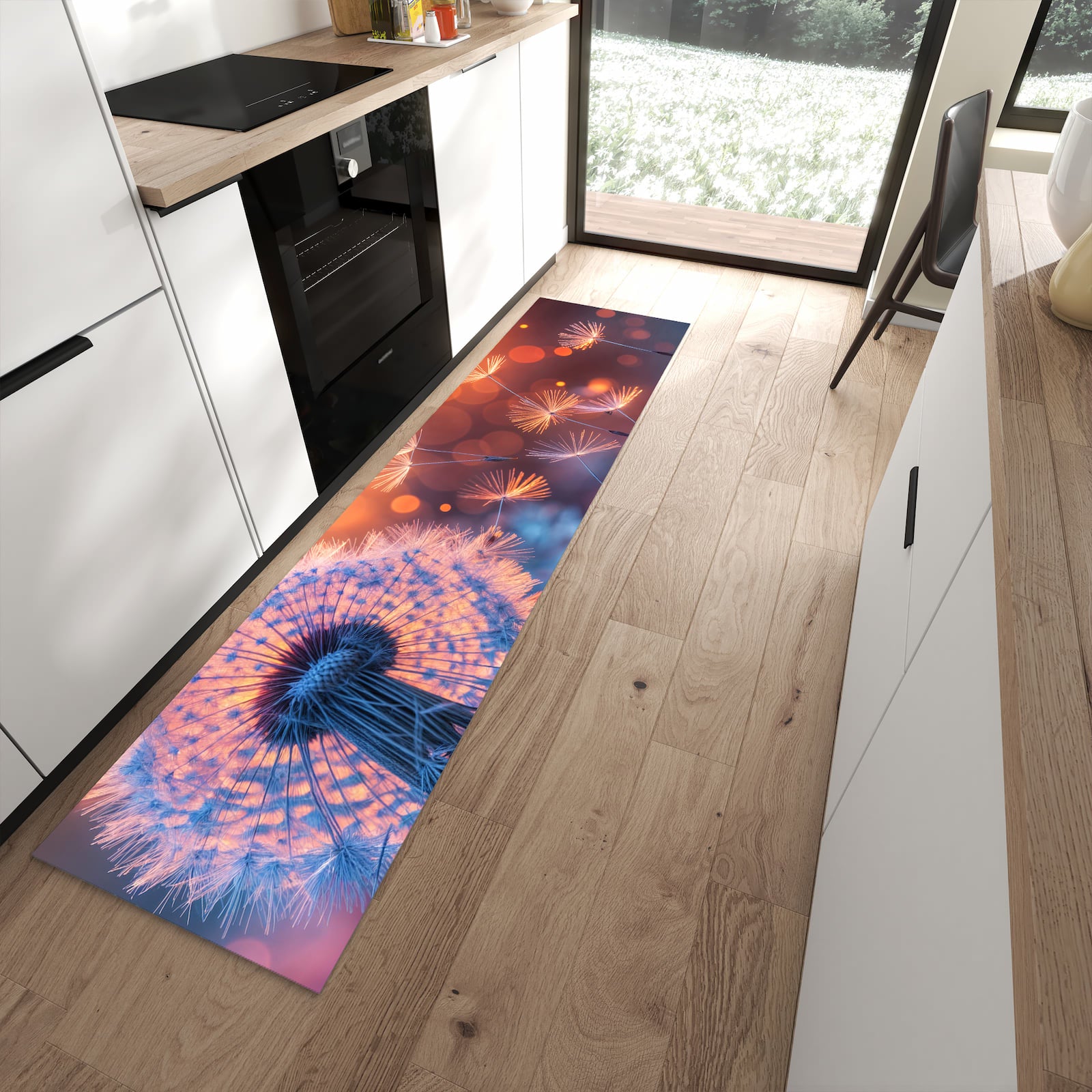 Waschbarer Küchenläufer mit Motiv Pusteblumenglühen in moderner Küche für sichere Aufbewahrung