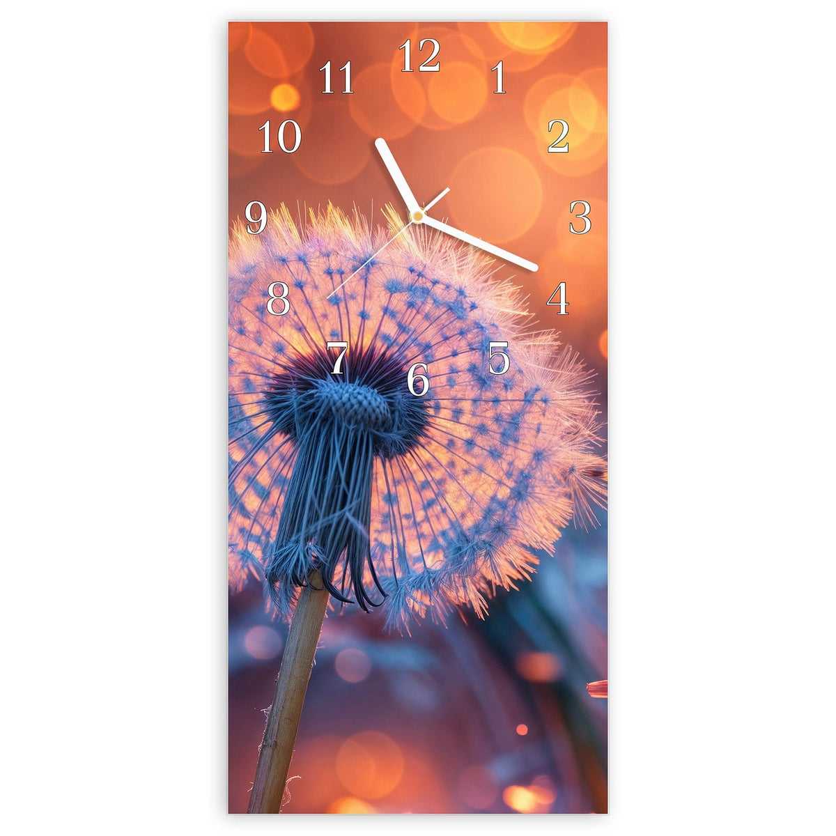Wanduhr aus Glas, Ziffernblatt Klassisch mit Motiv Glühende Pusteblume: Pusteblume im Gegenlicht, davonfliegende Samen leuchten orange vor warmem Bokeh #ziffernblatt_Klassisch