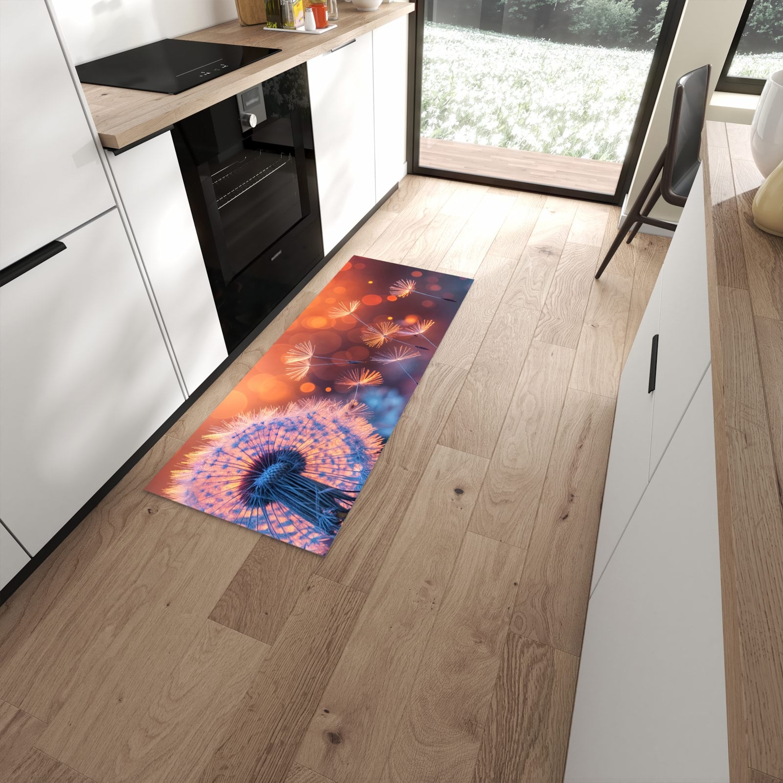 Farbbeständiger Küchenläufer mit Motiv Pusteblumenglühen in moderner Küche #grösse_60 x 150 cm