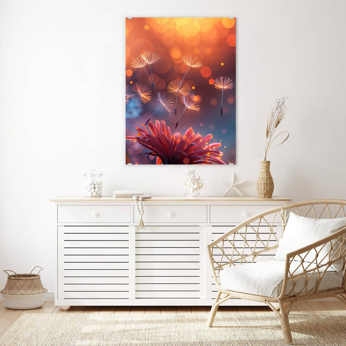 Aufhängung liegt bei – Motiv später wechselbar – Wandbild - Glühende Pusteblume - Hochformat