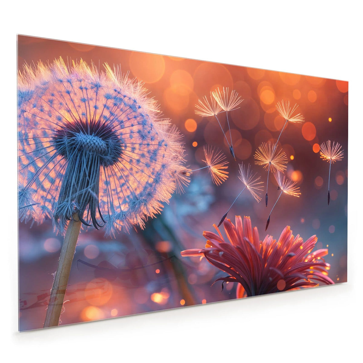 Küchenrückwand aus Glas im Hochformat mit Motiv Glühende Pusteblume: Pusteblume im Gegenlicht, davonfliegende Samen leuchten orange vor warmem Bokeh