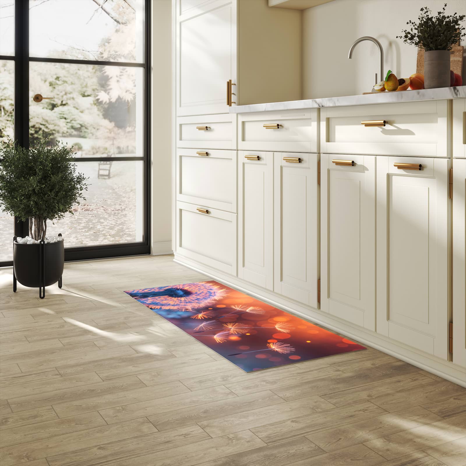 Fleckenresistenter Küchenläufer mit Motiv Pusteblumenglühen in heller Küche