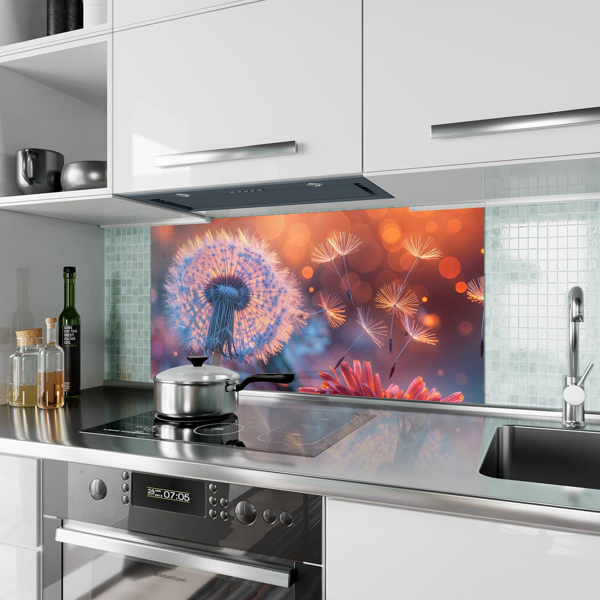 Küchenrückwand aus Glas Glühende Pusteblume im Hochformat als Spritzschutz hinter dem Kochfeld, über dem Fliesenspiegel montiert