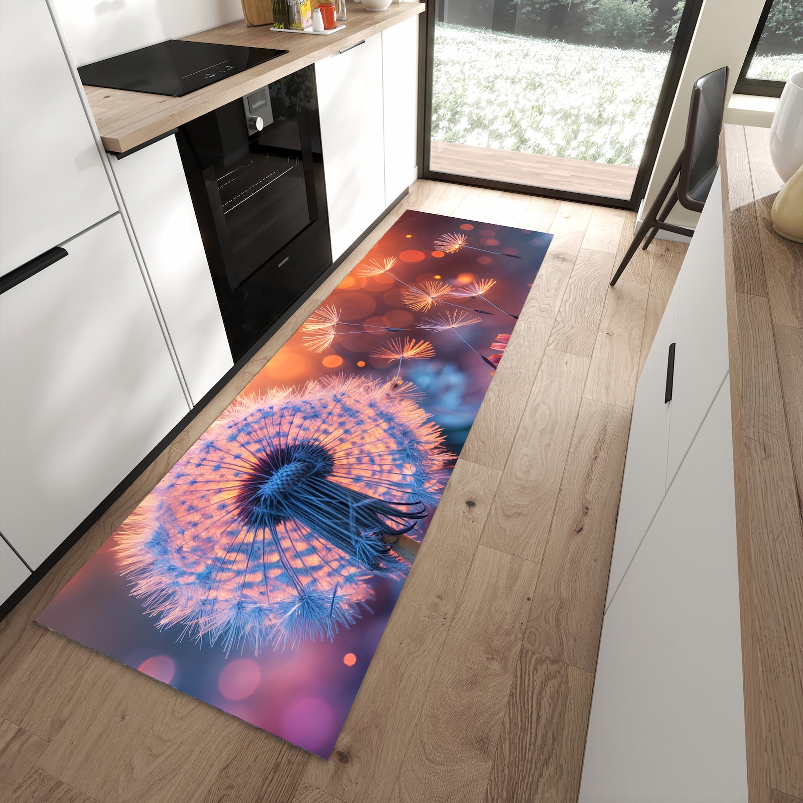 Komfortabler Küchenteppich mit Motiv Pusteblumenglühen in moderner Küche