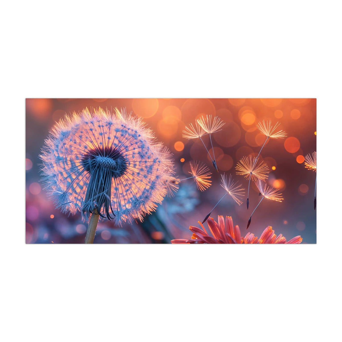 Küchenrückwand aus Glas Glühende Pusteblume im Hochformat, Motiv bildfüllend von vorn