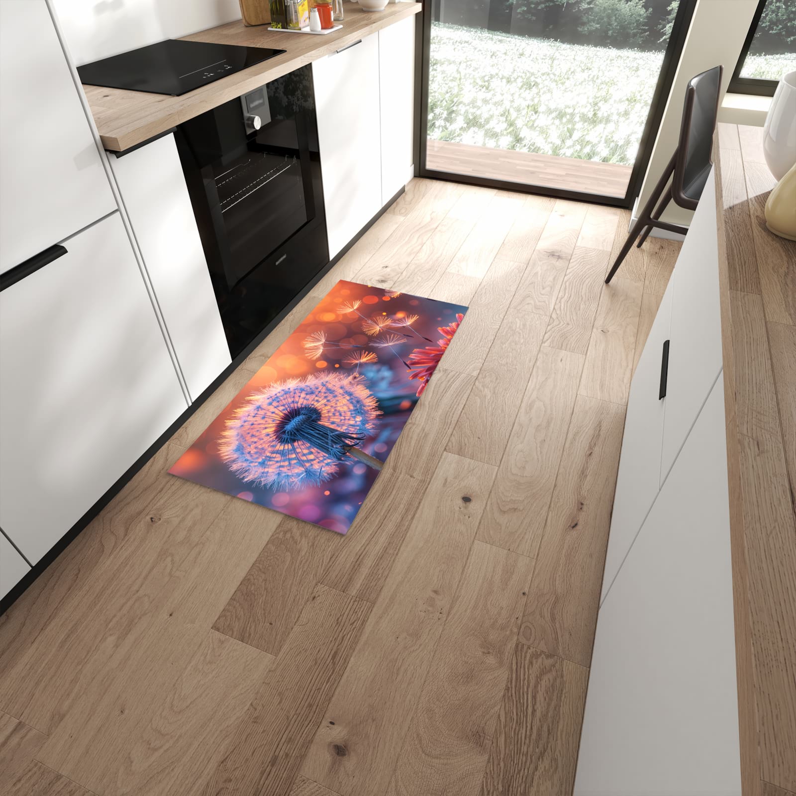 Bodenschonender rutschfester Küchenläufer mit Motiv Pusteblumenglühen in moderner Küche #grösse_60 x 120 cm
