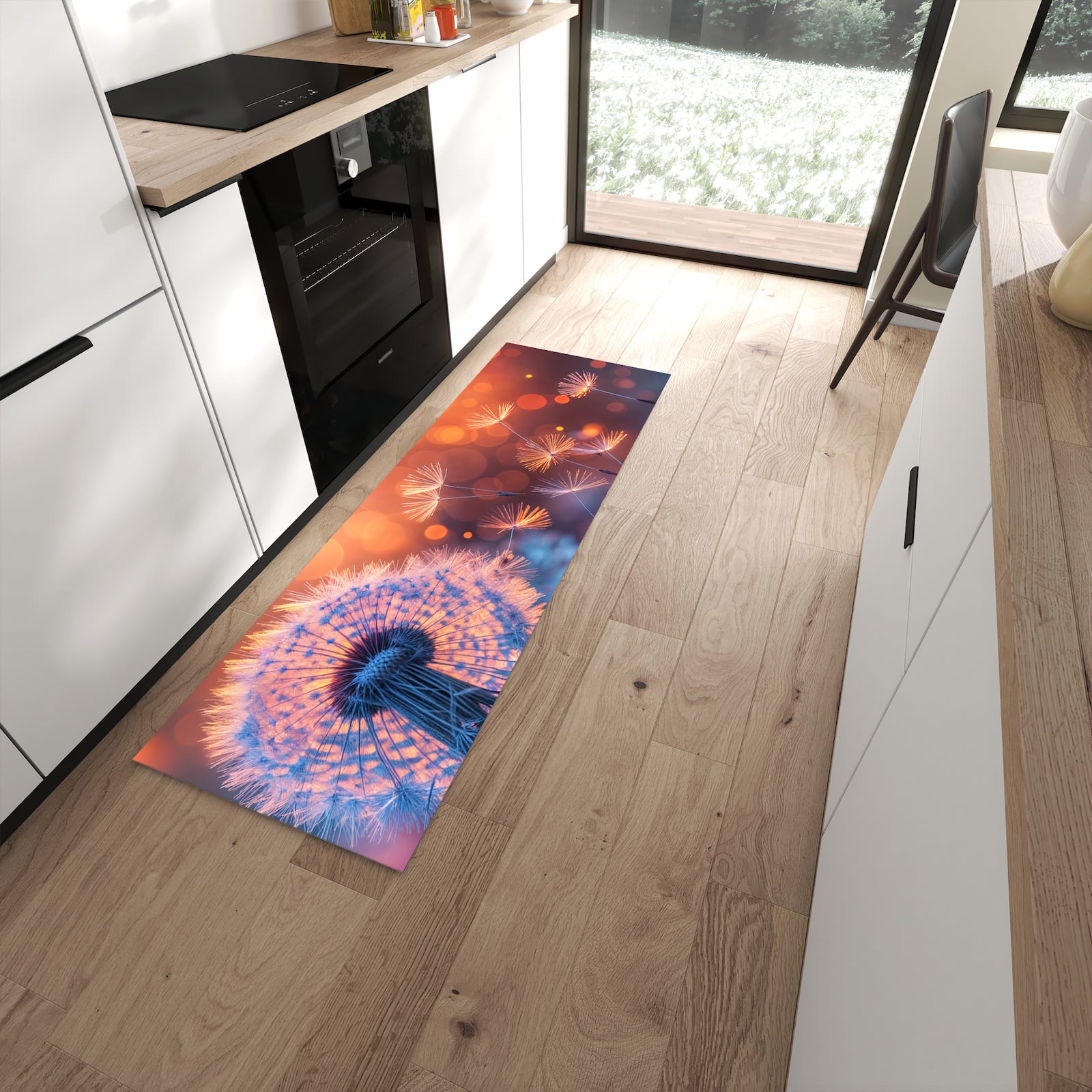 Formstabiler Küchenläufer nach Maß mit Motiv Pusteblumenglühen in moderner Küche