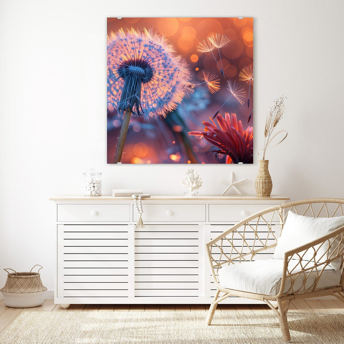Echtglas, 4 mm – kein Acryl, keine Folie – Wandbild - Glühende Pusteblume - Quadratisch