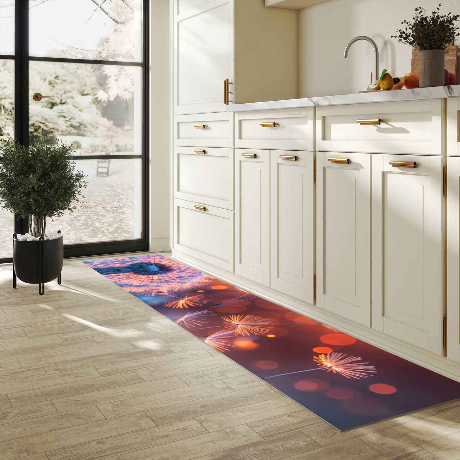 Flacher Küchenläufer mit Motiv Pusteblumenglühen in heller Küche für lange Teppiche